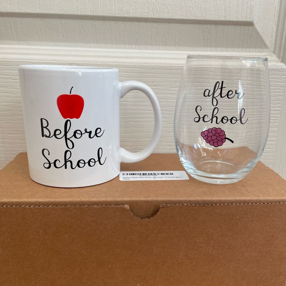 Before and after school mug and wine glass set